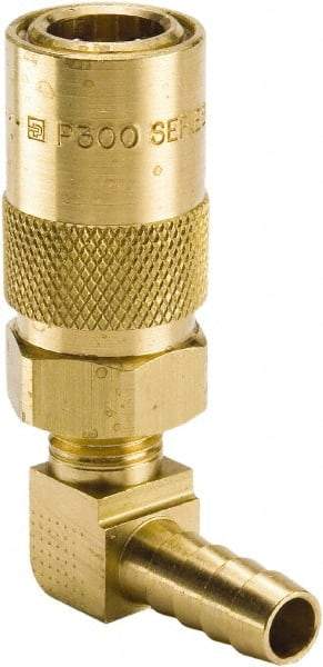 Parker - Nonthreaded Brass Hydraulic Hose Hose Barb Coupler & 90° Fitting - 200 psi, 3 GPM, 3/8" Hose Diam, Series Moldmate - Apex Tool & Supply