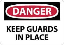 NMC - Accident Prevention Label, Header: DANGER - Legend: Danger - Keep Guards in Place, English, Red, Black & White, 5" Long x 3" High, Sign Muscle Finish - Apex Tool & Supply
