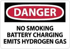 NMC - "Danger - No Smoking - Battery Charging Emits Hydrogen Gas", 10" Long x 14" Wide, Rigid Plastic Safety Sign - Rectangle, 0.05" Thick, Use for Accident Prevention - Apex Tool & Supply