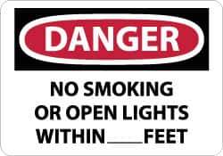 NMC - "Danger - No Smoking or Open Lights Within____feet", 10" Long x 14" Wide, Rigid Plastic Safety Sign - Rectangle, 0.05" Thick, Use for Accident Prevention - Apex Tool & Supply