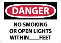 NMC - "Danger - No Smoking or Open Lights Within____feet", 10" Long x 14" Wide, Rigid Plastic Safety Sign - Rectangle, 0.05" Thick, Use for Accident Prevention - Apex Tool & Supply