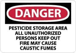 NMC - "Danger - Pesticide Storage Area - All Unauthorized Persons Keep Out - Fire May Cause Caustic Fumes", 10" Long x 14" Wide, Rigid Plastic Safety Sign - Rectangle, 0.05" Thick, Use for Security & Admittance - Apex Tool & Supply