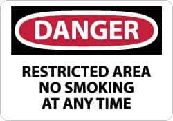 NMC - "Danger - Restricted Area - No Smoking at Any Time", 10" Long x 14" Wide, Rigid Plastic Safety Sign - Rectangle, 0.05" Thick, Use for Accident Prevention - Apex Tool & Supply