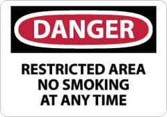 NMC - "Danger - Restricted Area - No Smoking at Any Time", 10" Long x 14" Wide, Rigid Plastic Safety Sign - Rectangle, 0.05" Thick, Use for Accident Prevention - Apex Tool & Supply