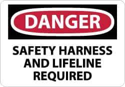 NMC - "Danger - Safety Harness and Lifeline Required", 10" Long x 14" Wide, Rigid Plastic Safety Sign - Rectangle, 0.05" Thick, Use for Accident Prevention - Apex Tool & Supply