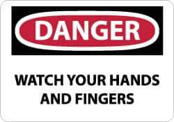 NMC - Accident Prevention Label, Header: DANGER - Legend: Danger - Watch Your Hands and Fingers, English, Red, Black & White, 5" Long x 3" High, Sign Muscle Finish - Apex Tool & Supply