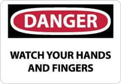 NMC - Accident Prevention Label, Header: DANGER - Legend: Danger - Watch Your Hands and Fingers, English, Red, Black & White, 5" Long x 3" High, Sign Muscle Finish - Apex Tool & Supply