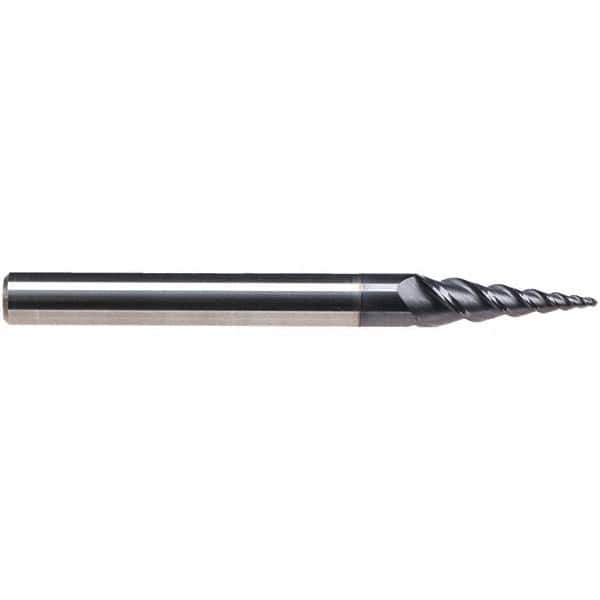 Emuge - 8° Taper Angle per Side, 3.85mm Small End Diam, 15mm LOC, Solid Carbide 3 Flute Tapered Ball End Mill - TiAlN Finish, 62mm OAL, 6mm Shank Diam, Spiral Flute, 45° Helix - Apex Tool & Supply