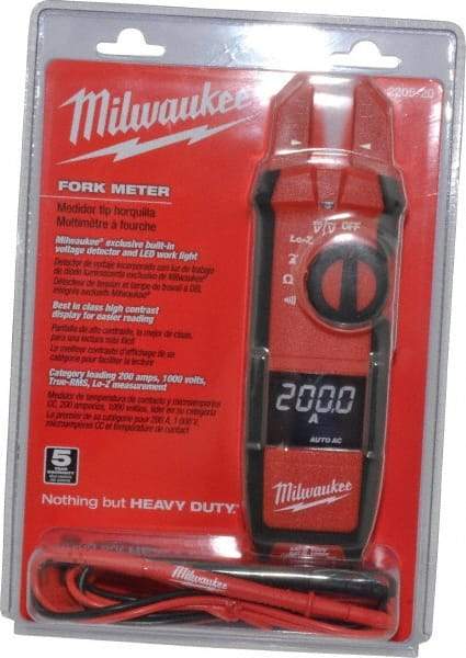 Milwaukee Tool - 2205-20, CAT IV, CAT III, Digital True RMS Clamp Meter with 0.63" Fork Jaws - 1000 VAC/VDC, 200 AC/DC Amps, Measures Voltage, Continuity, Current, Resistance - Apex Tool & Supply