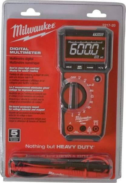 Milwaukee Tool - 2217-20, CAT III, 600 VAC/VDC, Digital True RMS Auto Ranging Multimeter - 40 mOhm, Measures Voltage, Capacitance, Current, Frequency, Resistance, Temperature - Apex Tool & Supply