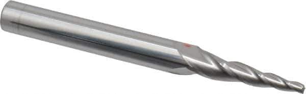 Accupro - 5° Taper Angle per Side, 3/32" Small End Diam, 1" LOC, Solid Carbide 3 Flute Tapered Square End Mill - 3" OAL, 3/8" Shank Diam, Spiral Flute - Apex Tool & Supply