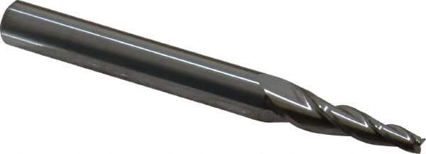 Accupro - 5° Taper Angle per Side, 1/8" Small End Diam, 1" LOC, Solid Carbide 3 Flute Tapered Square End Mill - 3" OAL, 5/16" Shank Diam, Spiral Flute - Apex Tool & Supply