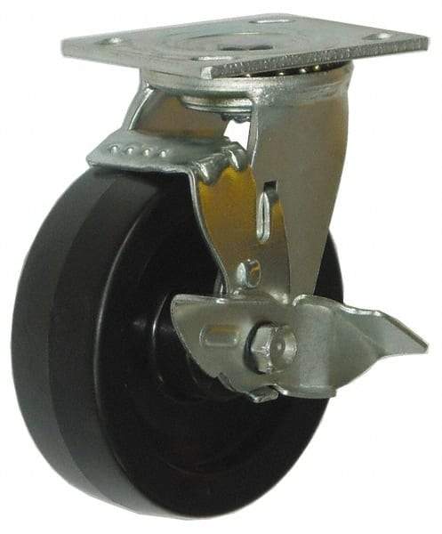 Value Collection - 5" Diam x 2" Wide x 6-1/2" OAH Top Plate Mount Swivel Caster with Brake - Phenolic, 1,000 Lb Capacity, Roller Bearing, 4 x 4-1/2" Plate - Apex Tool & Supply