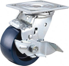 Value Collection - 4" Diam x 2" Wide x 5-5/8" OAH Top Plate Mount Swivel Caster with Brake - Polyurethane, 600 Lb Capacity, Roller Bearing, 4 x 4-1/2" Plate - Apex Tool & Supply