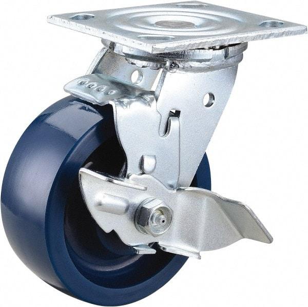 Value Collection - 5" Diam x 2" Wide x 6-1/2" OAH Top Plate Mount Swivel Caster with Brake - Polyurethane, 650 Lb Capacity, Roller Bearing, 4 x 4-1/2" Plate - Apex Tool & Supply