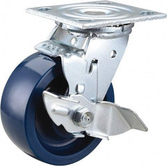 Value Collection - 5" Diam x 2" Wide x 6-1/2" OAH Top Plate Mount Swivel Caster with Brake - Polyurethane, 650 Lb Capacity, Roller Bearing, 4 x 4-1/2" Plate - Apex Tool & Supply