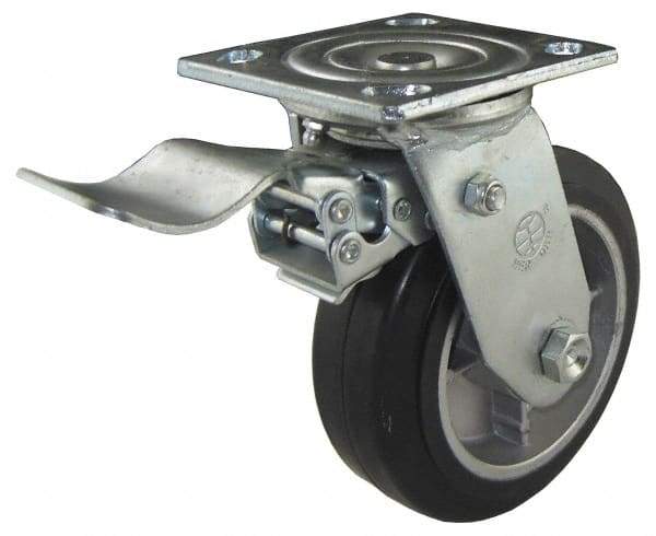 Value Collection - 5" Diam x 2" Wide x 6-1/2" OAH Top Plate Mount Swivel Caster with Brake - Soft Rubber, 450 Lb Capacity, Roller Bearing, 4 x 4-1/2" Plate - Apex Tool & Supply