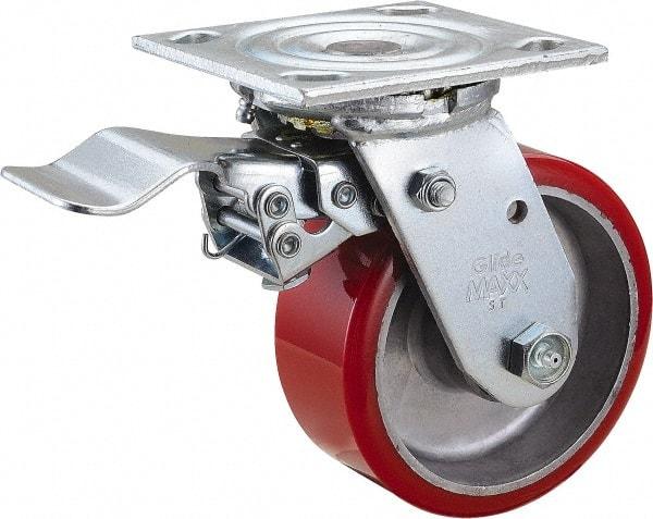 Value Collection - 5" Diam x 2" Wide x 6-1/2" OAH Top Plate Mount Swivel Caster with Brake - Polyurethane, 1,250 Lb Capacity, Roller Bearing, 4 x 4-1/2" Plate - Apex Tool & Supply