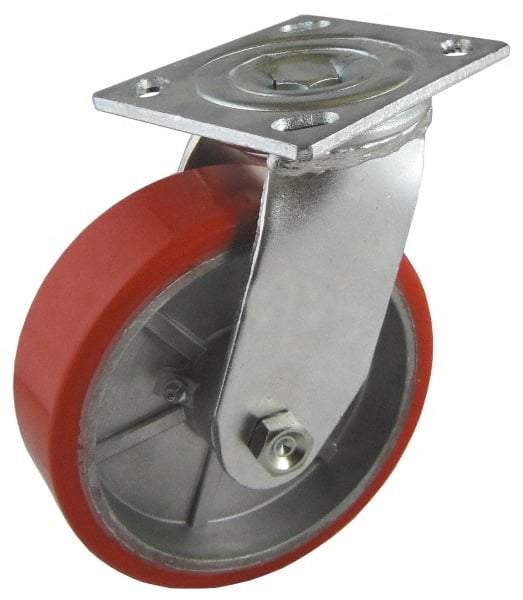 Value Collection - 5" Diam x 2" Wide x 6-1/2" OAH Top Plate Mount Swivel Caster - Polyurethane, 1,250 Lb Capacity, Roller Bearing, 4 x 4-1/2" Plate - Apex Tool & Supply