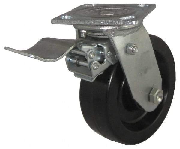 Value Collection - 5" Diam x 2" Wide x 6-1/2" OAH Top Plate Mount Swivel Caster with Brake - Phenolic, 1,100 Lb Capacity, Roller Bearing, 4 x 4-1/2" Plate - Apex Tool & Supply
