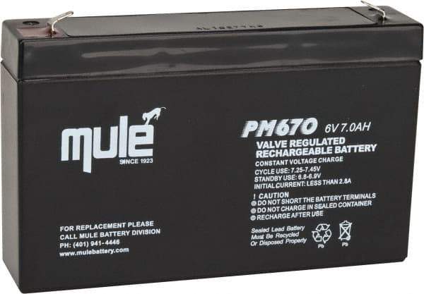 Mule - Lead-Acid, Quick-Disconnect Tab Terminal, 6 Volt, 7 Amp, Lead Rechargeable Battery - 3/16" Tab Width x 0.032" Tab Thickness, 1.34" Wide x 3.7" High x 5.95" Deep - Apex Tool & Supply