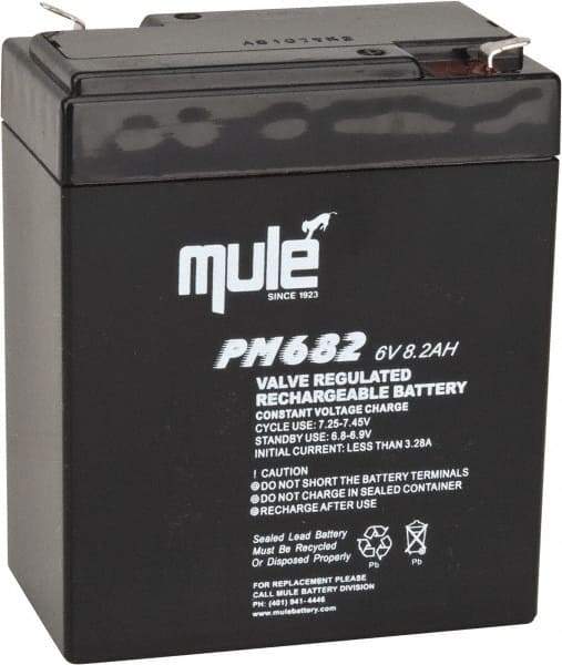 Mule - Lead-Acid, Quick-Disconnect Tab Terminal, 6 Volt, 8 Amp, Lead Rechargeable Battery - 6.35mm Tab Width x 0.8mm Tab Thickness, 2.2" Wide x 4.61" High x 3.86" Deep - Apex Tool & Supply