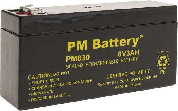 Mule - Lead-Acid, Quick-Disconnect Tab Terminal, 8 Volt, 3 Amp, Lead Rechargeable Battery - 3/16" Tab Width x 0.032" Tab Thickness, 1.44" Wide x 2.47" High x 5-1/4" Deep - Apex Tool & Supply