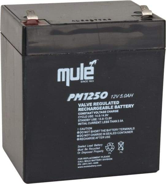 Mule - Lead-Acid, Quick-Disconnect Tab Terminal, 12 Volt, 5 Amp, Lead Rechargeable Battery - 4.8mm Tab Width x 0.8mm Tab Thickness, 2.76" Wide x 4.21" High x 3.54" Deep - Apex Tool & Supply