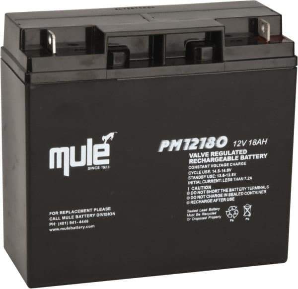 Mule - Lead-Acid, Nut/Bolt Terminal, 12 Volt, 18 Amp, Lead Rechargeable Battery - 1/4" Hole Diam, 2.56" Wide x 6.57" High x 7.13" Deep - Apex Tool & Supply