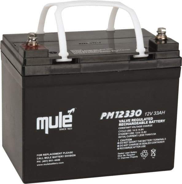 Mule - Lead-Acid, Nut/Bolt Terminal, 12 Volt, 33 Amp, Lead Rechargeable Battery - 6mm Hole Diam, 5.12" Wide x 6.61" High x 7.68" Deep - Apex Tool & Supply