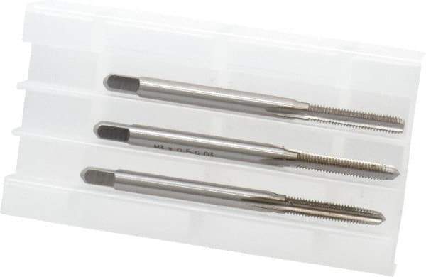 Hertel - M3x0.50 Metric Coarse, 3 Flute, Bottoming, Plug & Taper, Bright Finish, High Speed Steel Tap Set - 1-15/16" OAL, 6H Class of Fit - Apex Tool & Supply