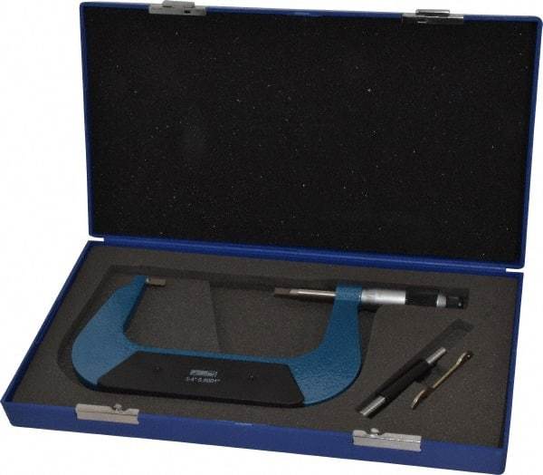Fowler - 3" to 4" Mechanical Baked Enamel (Frame) & Satin Chrome (Graduations) Coated Blade Micrometer - 0.0002" Accuracy, 0.0001" Graduation, 0.03" Blade Thickness, Ratchet Stop Thimble - Apex Tool & Supply
