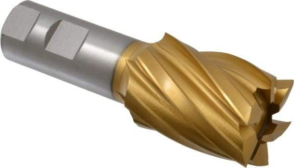 Hertel - 1-1/2", 2" LOC, 1" Shank Diam, 4-1/2" OAL, 6 Flute, High Speed Steel Square End Mill - Single End, TiN Finish, Spiral Flute, 30° Helix, Right Hand Cut, Right Hand Flute - Apex Tool & Supply