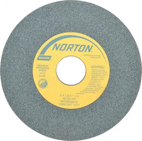 Norton - 6" Diam x 1-1/4" Hole x 1/2" Thick, I Hardness, 80 Grit Surface Grinding Wheel - Silicon Carbide, Type 1, Medium Grade, 4,140 Max RPM, Vitrified Bond, No Recess - Apex Tool & Supply