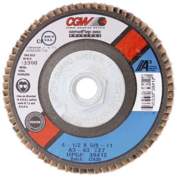 Camel Grinding Wheels - 120 Grit, 7" Disc Diam, 7/8" Center Hole, Type 29 Aluminum Oxide Flap Disc - 8,600 Max RPM, Polyester Backing, Arbor Attaching System, Coated - Apex Tool & Supply