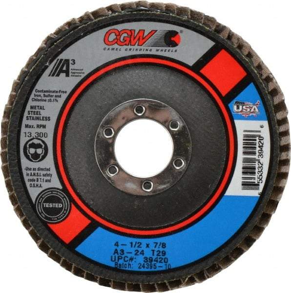 Camel Grinding Wheels - 24 Grit, 4-1/2" Disc Diam, 7/8" Center Hole, Type 29 Aluminum Oxide Flap Disc - 13,300 Max RPM, Polyester Backing, Arbor Attaching System, Coated - Apex Tool & Supply