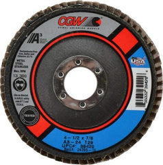 Camel Grinding Wheels - 24 Grit, 4-1/2" Disc Diam, 7/8" Center Hole, Type 29 Aluminum Oxide Flap Disc - 13,300 Max RPM, Polyester Backing, Arbor Attaching System, Coated - Apex Tool & Supply