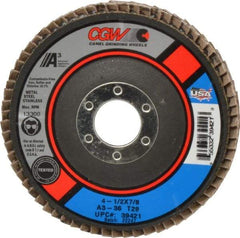 Camel Grinding Wheels - 36 Grit, 4-1/2" Disc Diam, 7/8" Center Hole, Type 29 Aluminum Oxide Flap Disc - 13,300 Max RPM, Polyester Backing, Arbor Attaching System, Coated - Apex Tool & Supply