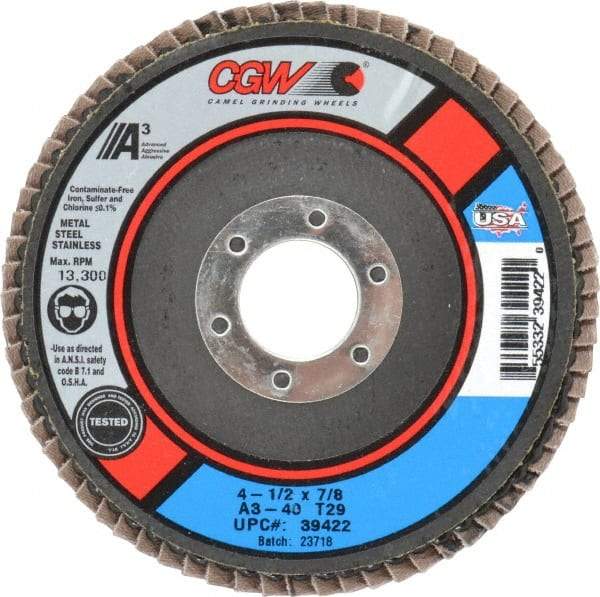 Camel Grinding Wheels - 40 Grit, 4-1/2" Disc Diam, 7/8" Center Hole, Type 29 Aluminum Oxide Flap Disc - 13,300 Max RPM, Polyester Backing, Arbor Attaching System, Coated - Apex Tool & Supply