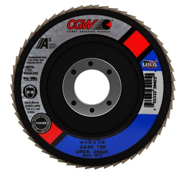 Camel Grinding Wheels - 80 Grit, 4-1/2" Disc Diam, 7/8" Center Hole, Type 29 Aluminum Oxide Flap Disc - 13,300 Max RPM, Polyester Backing, Arbor Attaching System, Coated - Apex Tool & Supply