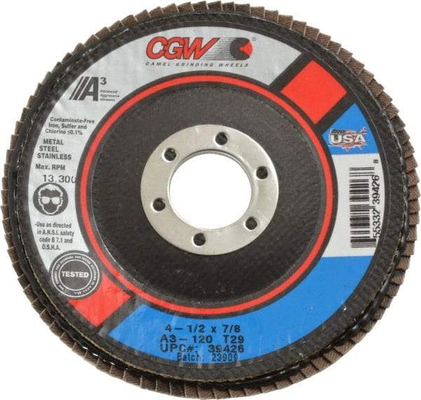 Camel Grinding Wheels - 120 Grit, 4-1/2" Disc Diam, 7/8" Center Hole, Type 29 Aluminum Oxide Flap Disc - 13,300 Max RPM, Polyester Backing, Arbor Attaching System, Coated - Apex Tool & Supply