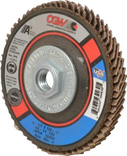 Camel Grinding Wheels - 24 Grit, 4-1/2" Disc Diam, 5/8-11 Center Hole, Type 29 Aluminum Oxide Flap Disc - 13,300 Max RPM, Polyester Backing, Arbor Attaching System, Coated - Apex Tool & Supply