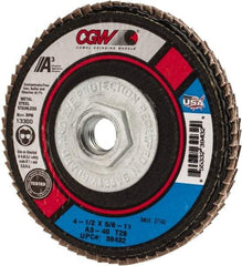 Camel Grinding Wheels - 40 Grit, 4-1/2" Disc Diam, 5/8-11 Center Hole, Type 29 Aluminum Oxide Flap Disc - 13,300 Max RPM, Polyester Backing, Arbor Attaching System, Coated - Apex Tool & Supply
