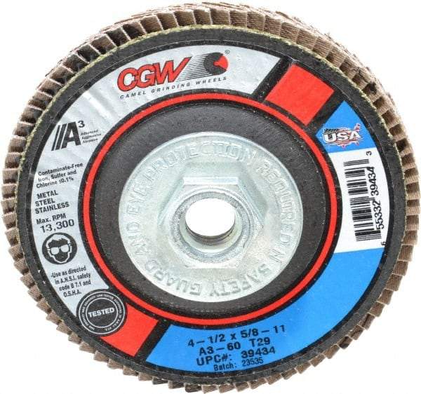 Camel Grinding Wheels - 60 Grit, 4-1/2" Disc Diam, 5/8-11 Center Hole, Type 29 Aluminum Oxide Flap Disc - 13,300 Max RPM, Polyester Backing, Arbor Attaching System, Coated - Apex Tool & Supply