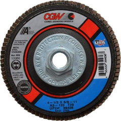 Camel Grinding Wheels - 120 Grit, 4-1/2" Disc Diam, 5/8-11 Center Hole, Type 29 Aluminum Oxide Flap Disc - 13,300 Max RPM, Polyester Backing, Arbor Attaching System, Coated - Apex Tool & Supply