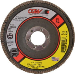 Camel Grinding Wheels - 120 Grit, 4-1/2" Disc Diam, 7/8" Center Hole, Type 27 Zirconia Alumina Flap Disc - 13,300 Max RPM, Poly Cotton Backing, Arbor Attaching System, Coated - Apex Tool & Supply