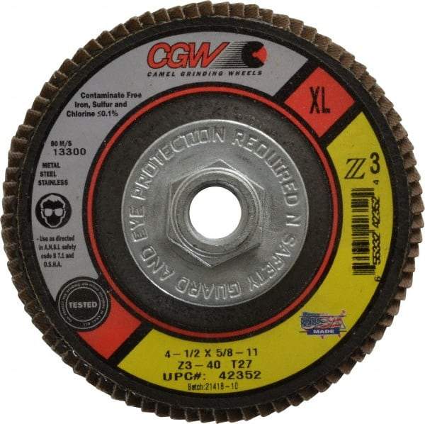 Camel Grinding Wheels - 40 Grit, 4-1/2" Disc Diam, 5/8-11 Center Hole, Type 27 Zirconia Alumina Flap Disc - 13,300 Max RPM, Poly Cotton Backing, Arbor Attaching System, Coated - Apex Tool & Supply