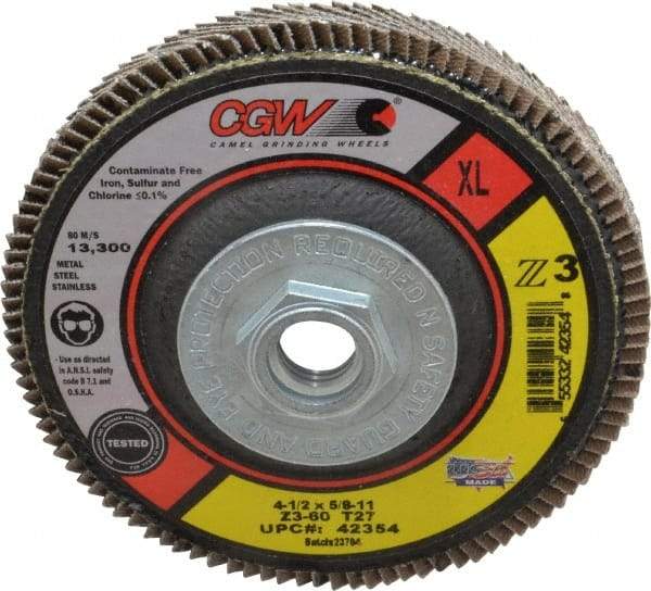 Camel Grinding Wheels - 60 Grit, 4-1/2" Disc Diam, 5/8-11 Center Hole, Type 27 Zirconia Alumina Flap Disc - 13,300 Max RPM, Poly Cotton Backing, Arbor Attaching System, Coated - Apex Tool & Supply