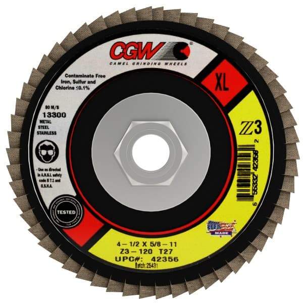 Camel Grinding Wheels - 120 Grit, 4-1/2" Disc Diam, 5/8-11 Center Hole, Type 27 Zirconia Alumina Flap Disc - 13,300 Max RPM, Poly Cotton Backing, Arbor Attaching System, Coated - Apex Tool & Supply