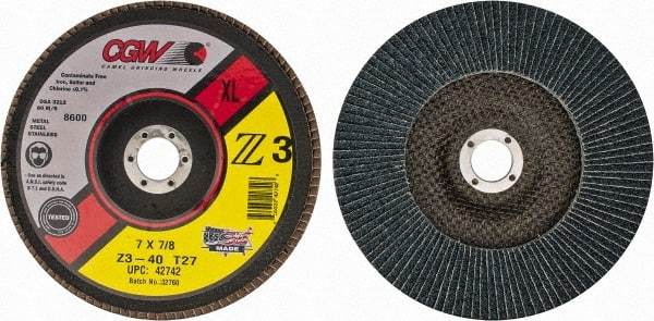 Camel Grinding Wheels - 40 Grit, 7" Disc Diam, 7/8" Center Hole, Type 27 Zirconia Alumina Flap Disc - 8,600 Max RPM, Poly Cotton Backing, Arbor Attaching System, Coated - Apex Tool & Supply